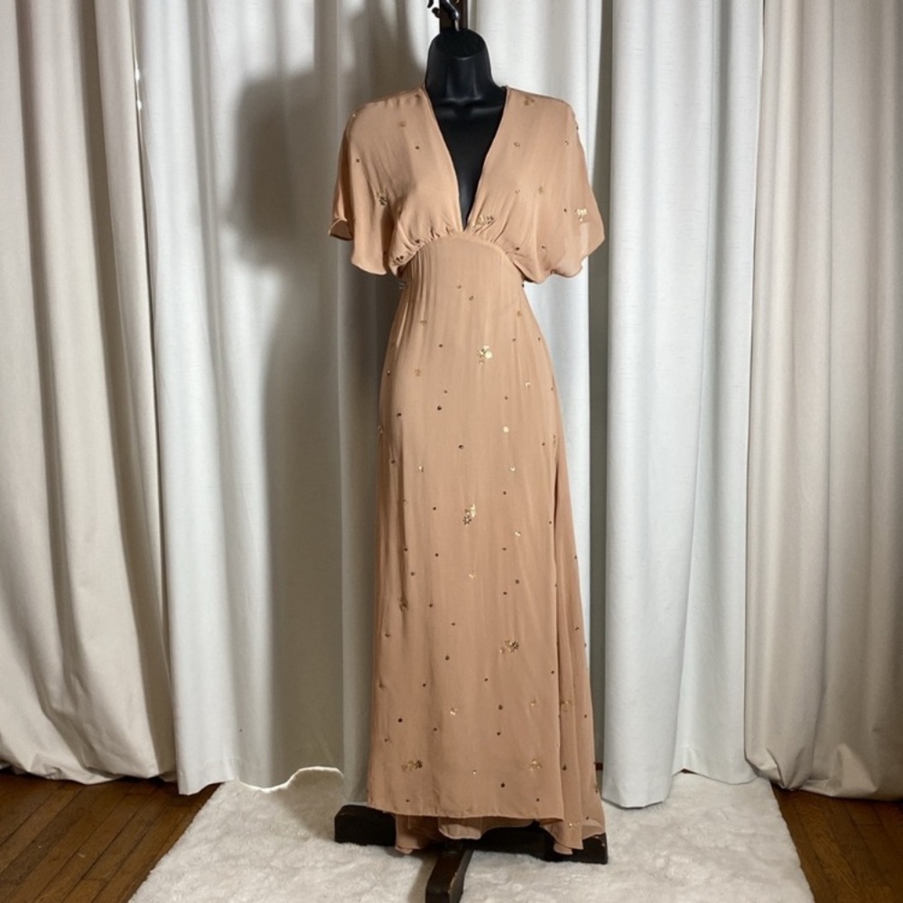 Zara Elegant Tan Maxi Dress with Gold Accents Coral Peach